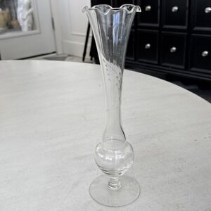 Vintage Hand Blown Etched Glass Bud Vase with Ruffled Top Edge 10" Floral Footed